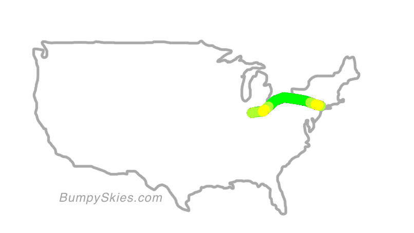 Map of continental US with illustrated flight path and turbulence forecast (described in text below)