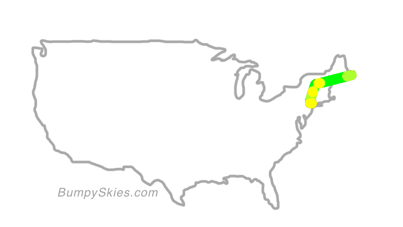 Map of continental US with illustrated flight path and turbulence forecast (described in text below)
