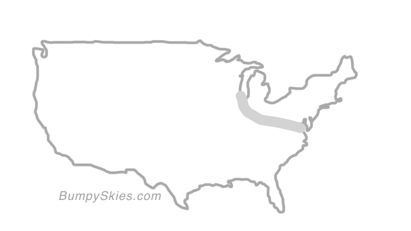 Map of continental US with illustrated flight path and turbulence forecast (described in text below)