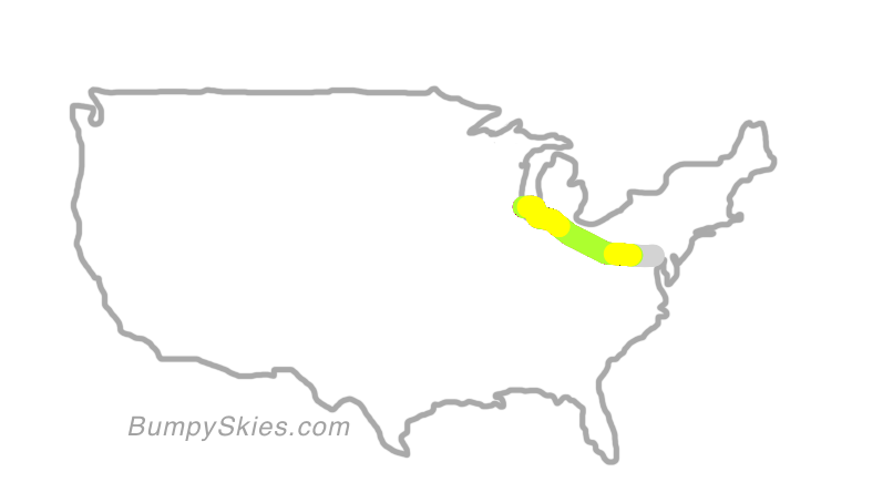 Map of continental US with illustrated flight path and turbulence forecast (described in text below)