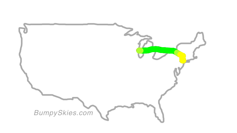 Map of continental US with illustrated flight path and turbulence forecast (described in text below)