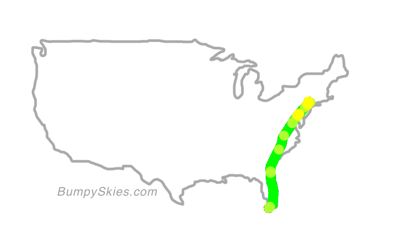 Map of continental US with illustrated flight path and turbulence forecast (described in text below)