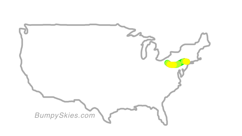 Map of continental US with illustrated flight path and turbulence forecast (described in text below)