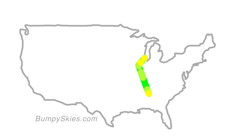Map of continental US with illustrated flight path and turbulence forecast (described in text below)