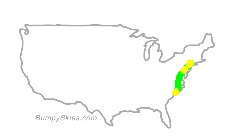 Map of continental US with illustrated flight path and turbulence forecast (described in text below)