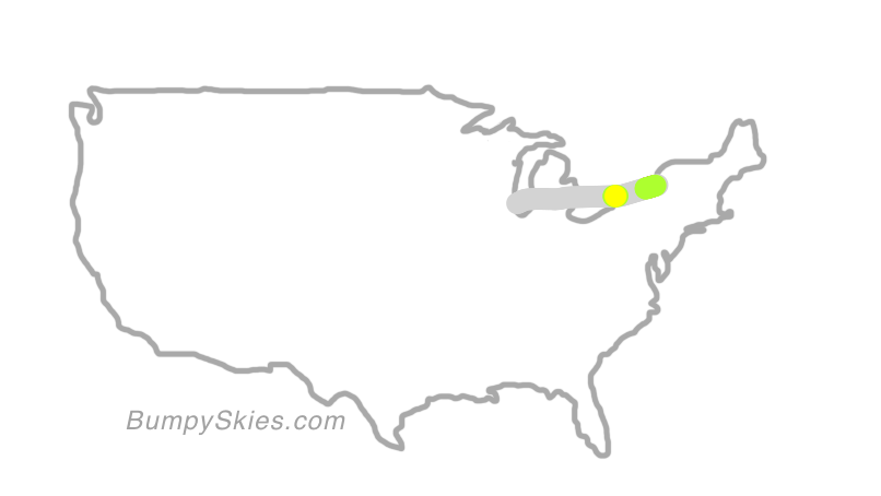 Map of continental US with illustrated flight path and turbulence forecast (described in text below)