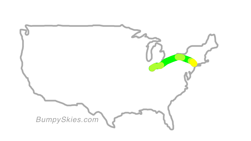 Map of continental US with illustrated flight path and turbulence forecast (described in text below)