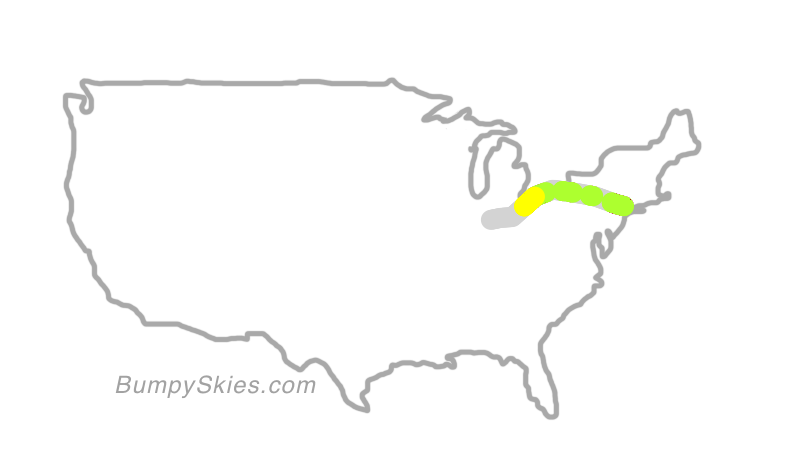 Map of continental US with illustrated flight path and turbulence forecast (described in text below)
