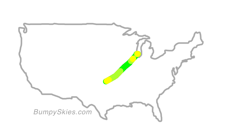 Map of continental US with illustrated flight path and turbulence forecast (described in text below)