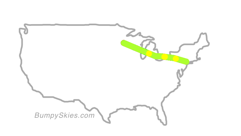Map of continental US with illustrated flight path and turbulence forecast (described in text below)