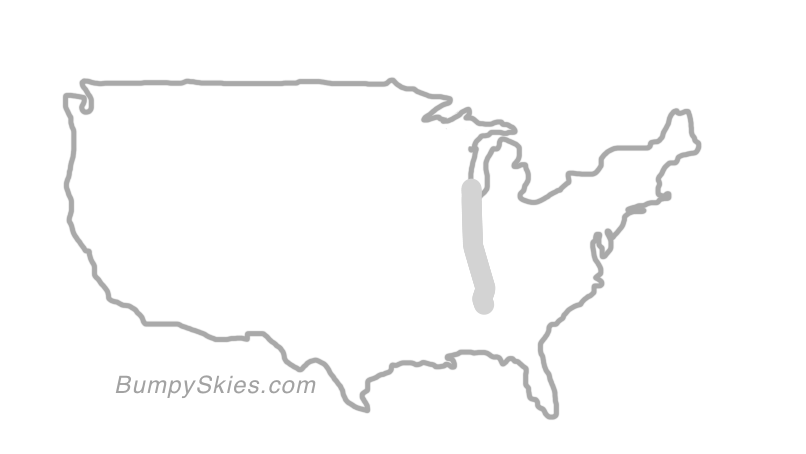 Map of continental US with illustrated flight path and turbulence forecast (described in text below)
