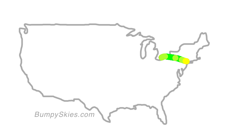 Map of continental US with illustrated flight path and turbulence forecast (described in text below)
