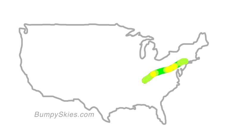 Map of continental US with illustrated flight path and turbulence forecast (described in text below)
