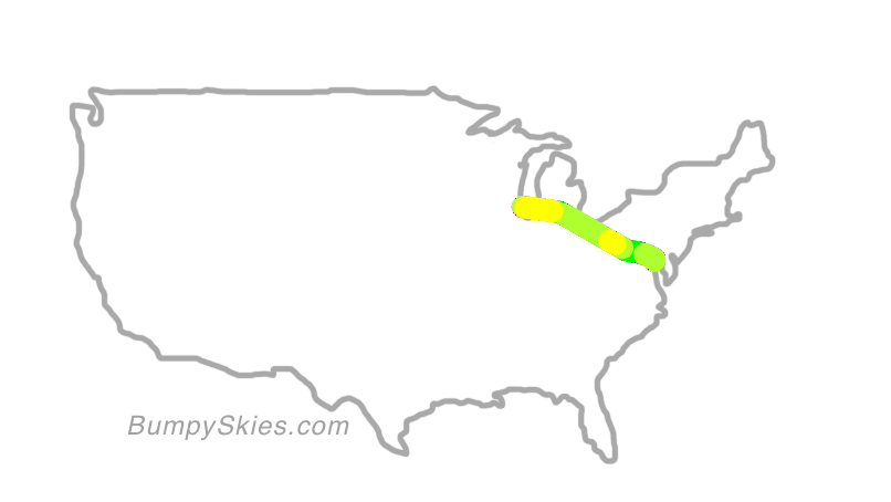 Map of continental US with illustrated flight path and turbulence forecast (described in text below)