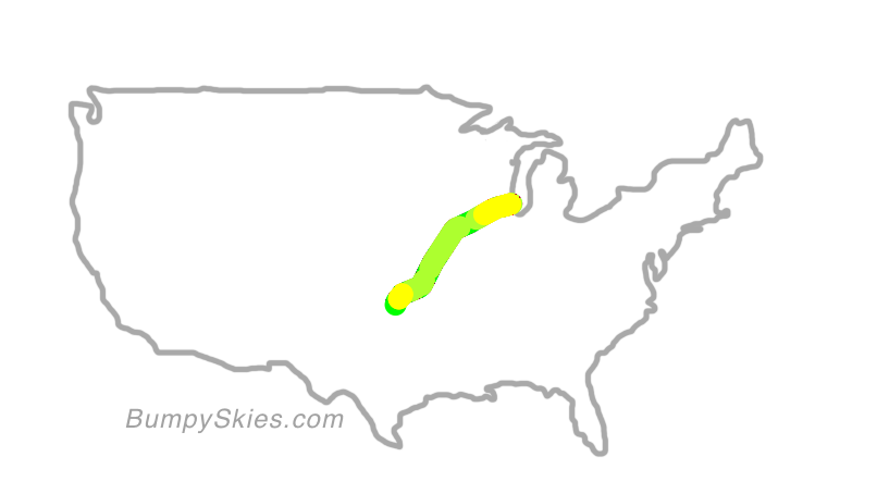 Map of continental US with illustrated flight path and turbulence forecast (described in text below)