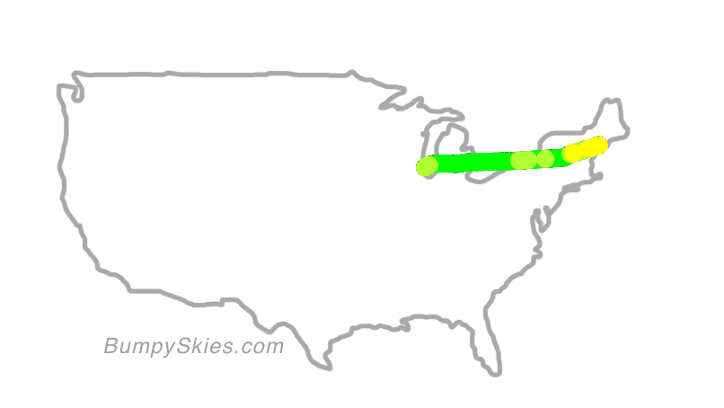 Map of continental US with illustrated flight path and turbulence forecast (described in text below)