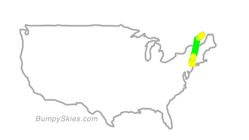 Map of continental US with illustrated flight path and turbulence forecast (described in text below)