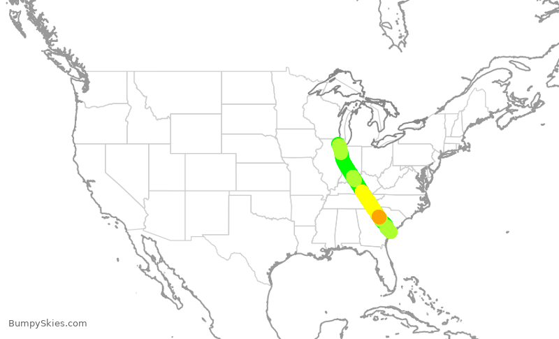 Turbulence forecast map for RPA3581, ORD to HXD
