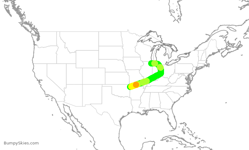 Turbulence forecast map for RPA3593, ORD to XNA