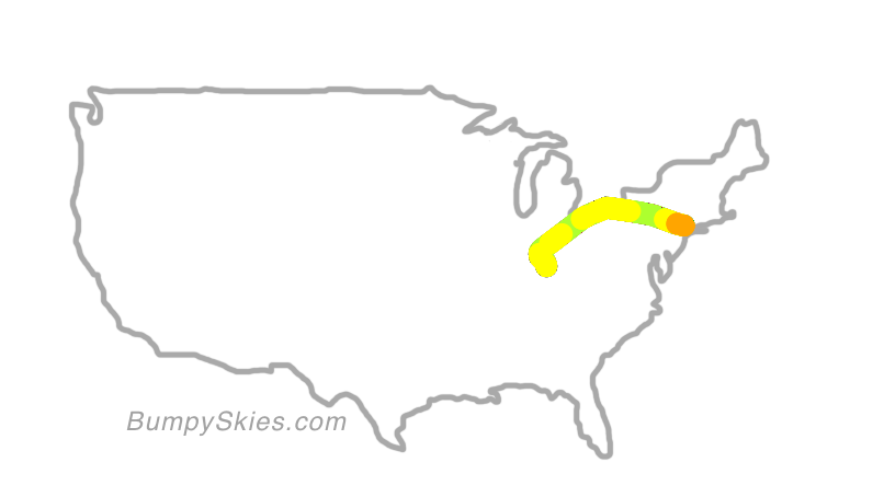 Map of continental US with illustrated flight path and turbulence forecast (described in text below)