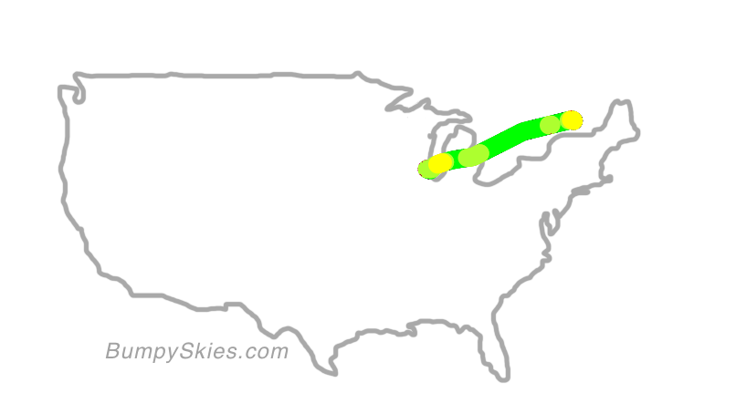 Map of continental US with illustrated flight path and turbulence forecast (described in text below)