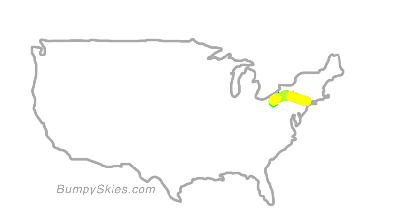 Map of continental US with illustrated flight path and turbulence forecast (described in text below)