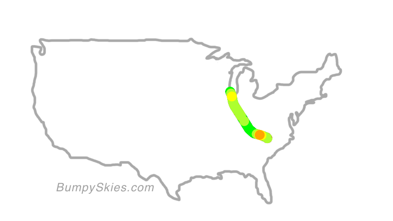 Map of continental US with illustrated flight path and turbulence forecast (described in text below)