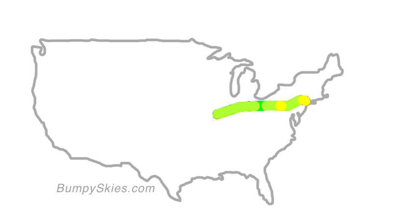 Map of continental US with illustrated flight path and turbulence forecast (described in text below)