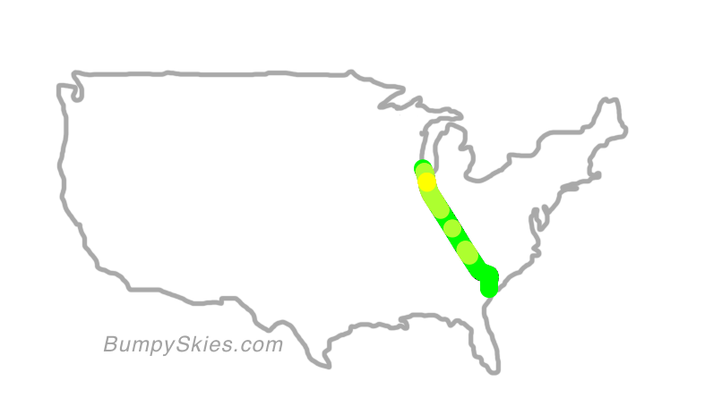 Map of continental US with illustrated flight path and turbulence forecast (described in text below)
