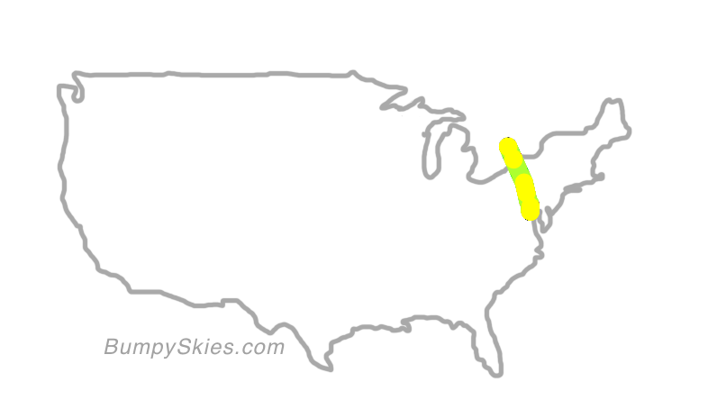 Map of continental US with illustrated flight path and turbulence forecast (described in text below)