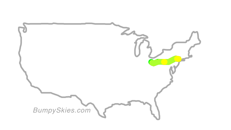 Map of continental US with illustrated flight path and turbulence forecast (described in text below)