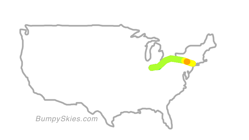 Map of continental US with illustrated flight path and turbulence forecast (described in text below)