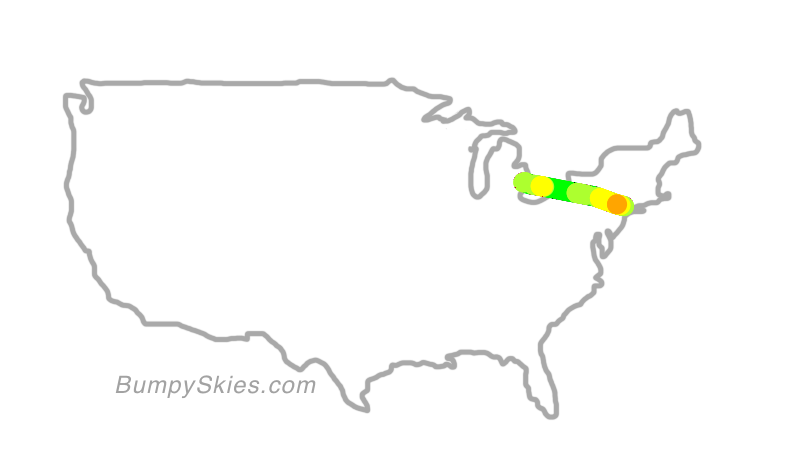 Map of continental US with illustrated flight path and turbulence forecast (described in text below)