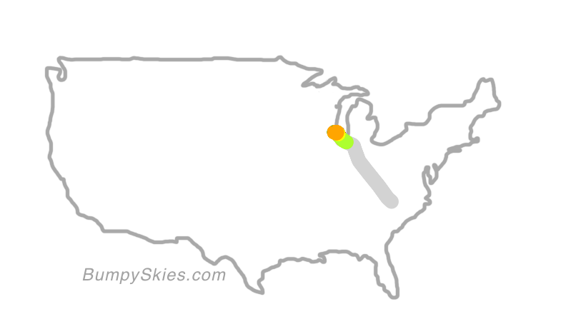 Map of continental US with illustrated flight path and turbulence forecast (described in text below)