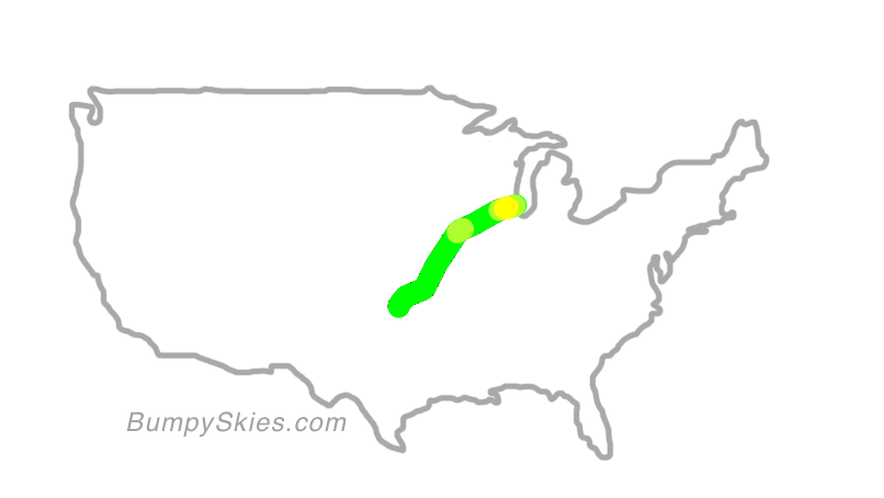 Map of continental US with illustrated flight path and turbulence forecast (described in text below)