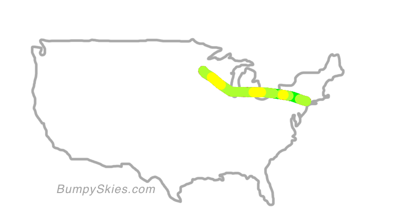 Map of continental US with illustrated flight path and turbulence forecast (described in text below)