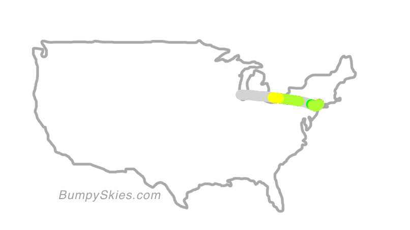 Map of continental US with illustrated flight path and turbulence forecast (described in text below)