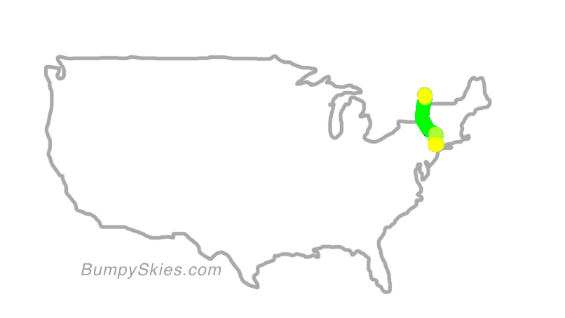 Map of continental US with illustrated flight path and turbulence forecast (described in text below)
