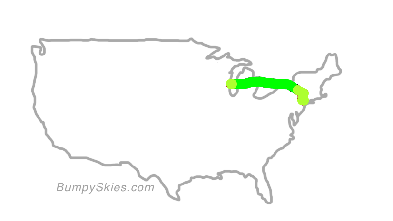 Map of continental US with illustrated flight path and turbulence forecast (described in text below)