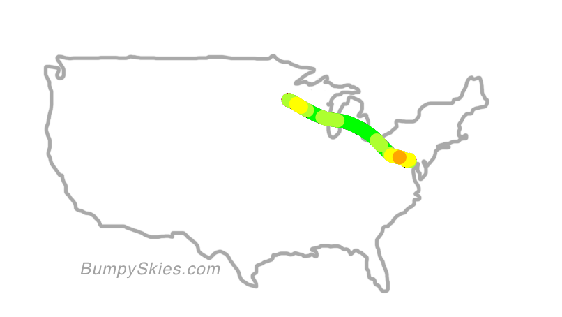 Map of continental US with illustrated flight path and turbulence forecast (described in text below)