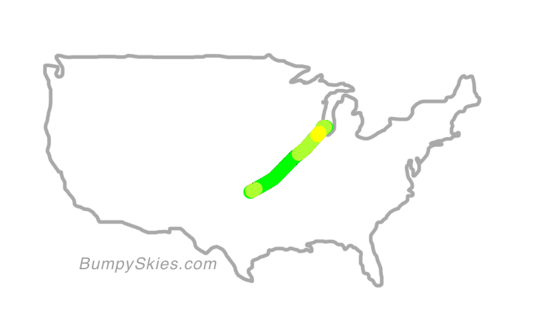 Map of continental US with illustrated flight path and turbulence forecast (described in text below)