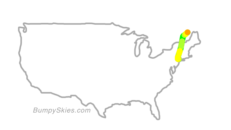 Map of continental US with illustrated flight path and turbulence forecast (described in text below)
