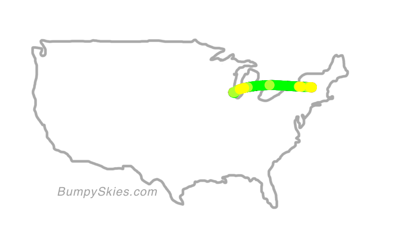 Map of continental US with illustrated flight path and turbulence forecast (described in text below)