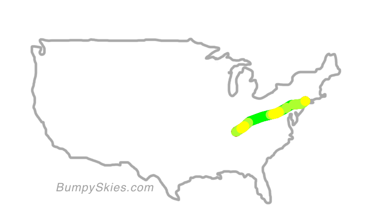 Map of continental US with illustrated flight path and turbulence forecast (described in text below)