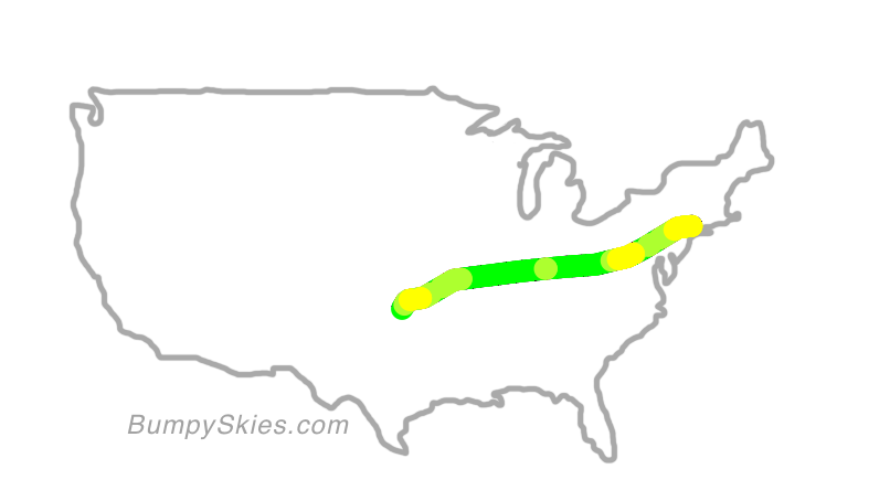 Map of continental US with illustrated flight path and turbulence forecast (described in text below)