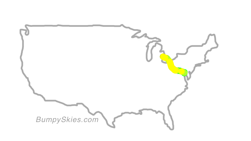 Map of continental US with illustrated flight path and turbulence forecast (described in text below)