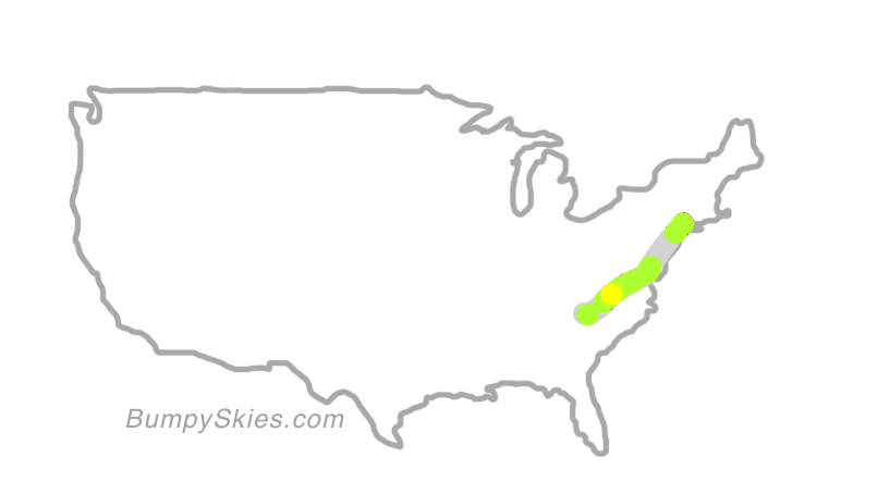 Map of continental US with illustrated flight path and turbulence forecast (described in text below)