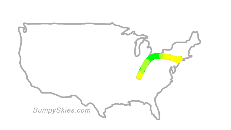 Map of continental US with illustrated flight path and turbulence forecast (described in text below)