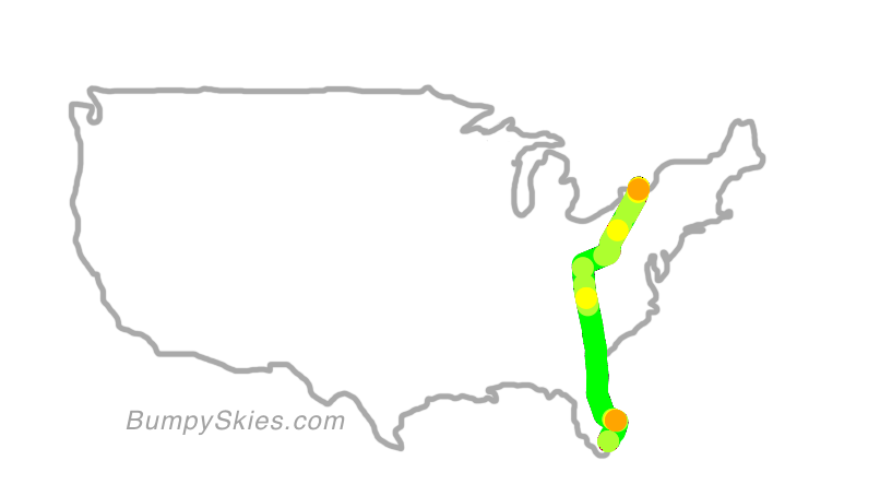 Map of continental US with illustrated flight path and turbulence forecast (described in text below)