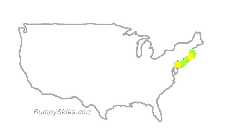 Map of continental US with illustrated flight path and turbulence forecast (described in text below)